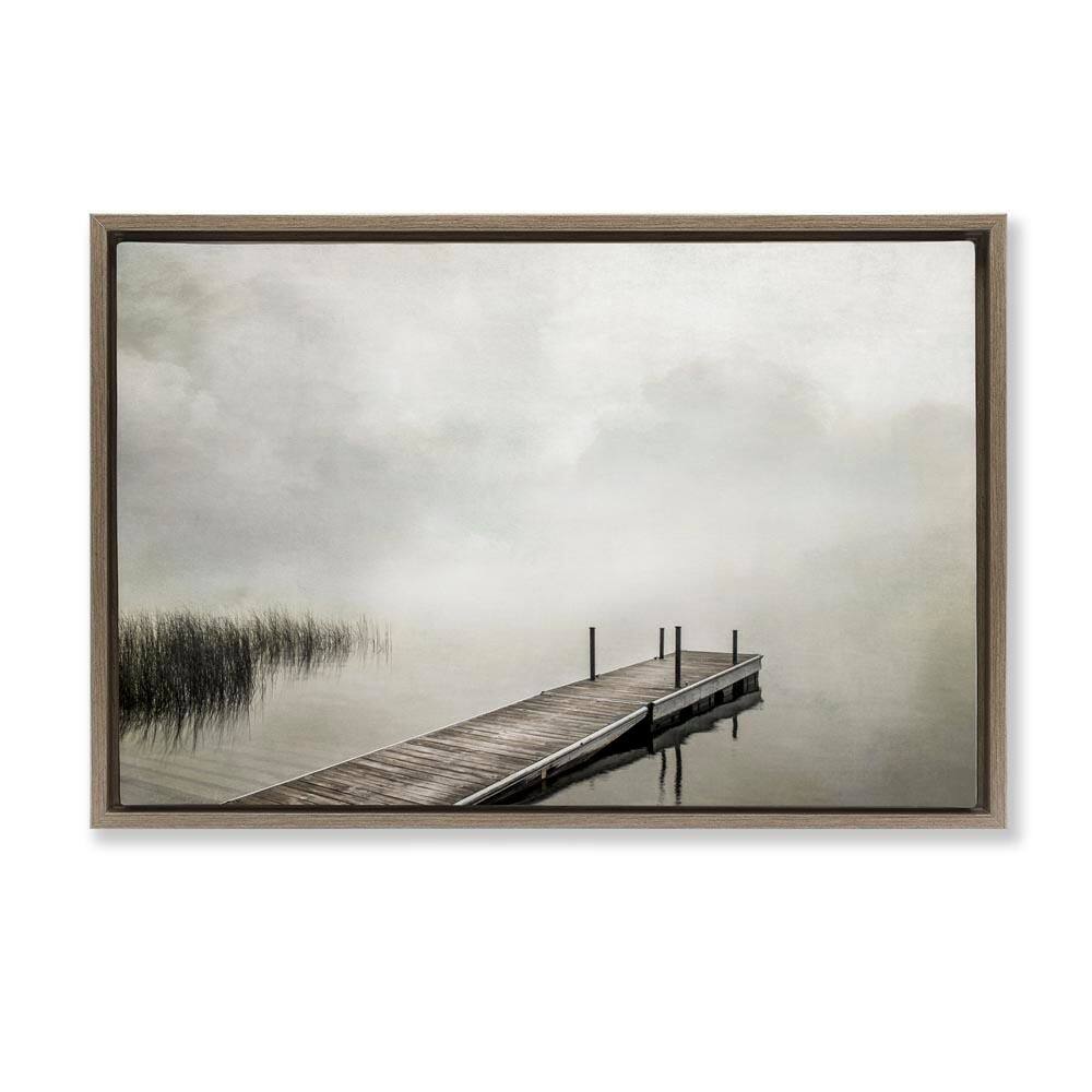 Mysterious Foggy Lake Dock by Peter Hawkins Brown Floater Frame Nature Graphic Art Print 21 in. x 31 in. price history on PriceWatchPro