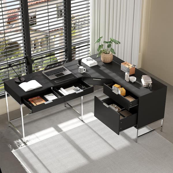 70.9 in. L-Shaped Black Wood and Metal 5-Drawer Desk, File Drawer, Quiet Undermount Slides and Plated Metal Legs