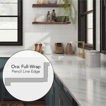6 ft Left Miter Laminate Countertop in Textured Calcutta Marble with Eased Edge and Integrated Backsplash