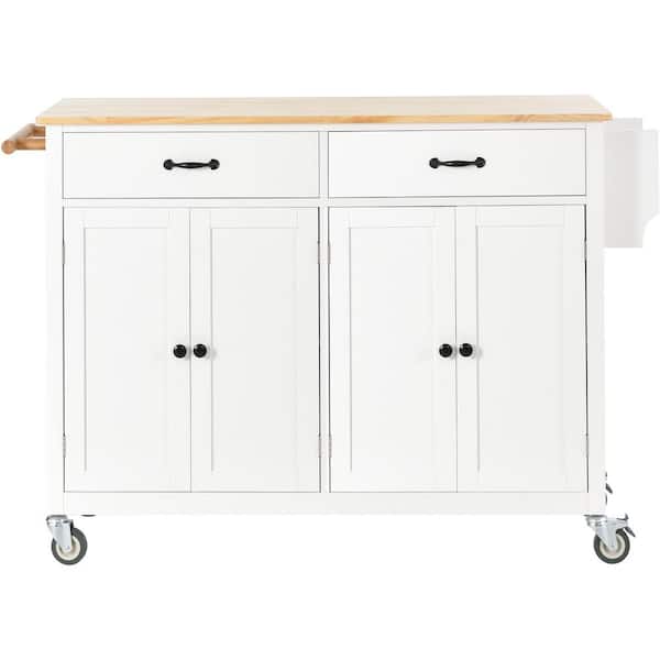 White Wood 54 in. Kitchen Island with Solid Wood Top, Locking Wheels, 4-Door Cabinet and 2-Drawers for Kitchen Room