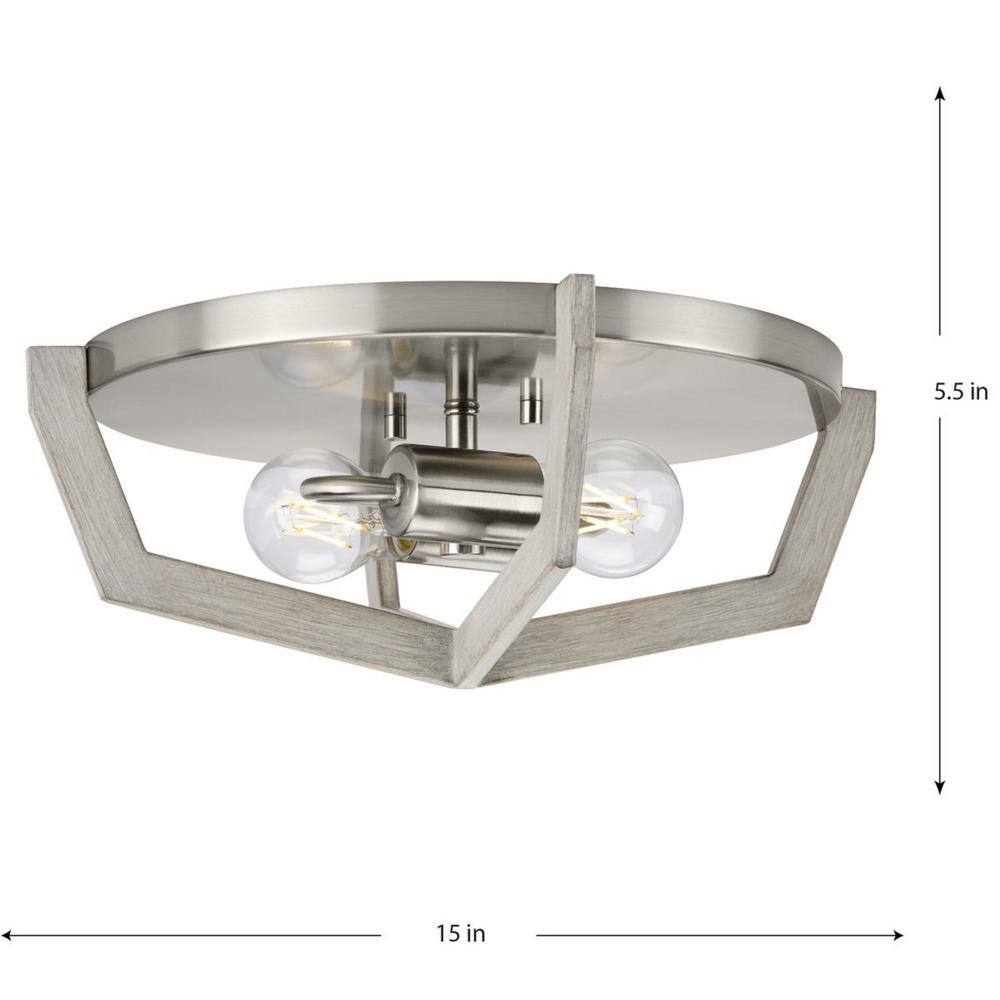 Brushed Nickel and Oak 2-Light Flush Mount Ceiling Light
