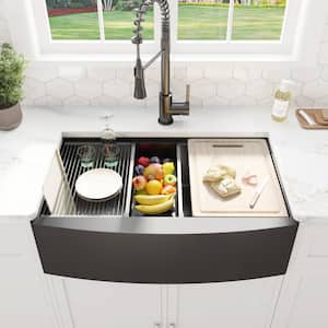 33 in. Gunmetal Black Stainless Steel Double Bowl Farmhouse Workstation Kitchen Sink with Black Spring Neck Faucet