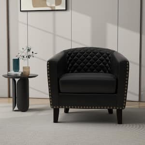 Mid-Century Black PU Leather Nailhead Trim Upholstered Accent Barrel Chair With Solid Wood Legs
