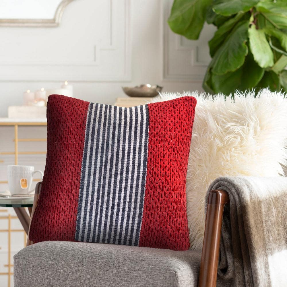Red and Blue Nautical Striped Square Throw Pillow
