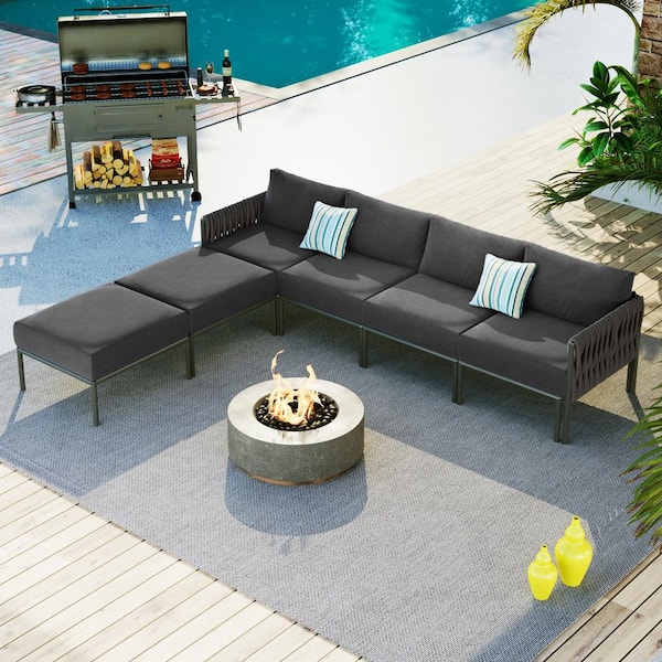 Unbranded 6-Piece Aluminum Outdoor Furniture Sectional Set Modern Metal Conversation Set with Removable Grey Cushions