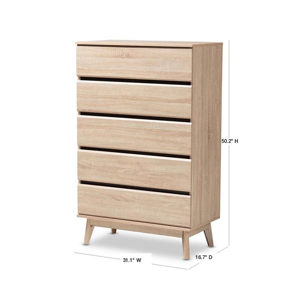 Miren Mid-Century Light Oak and Dark Gray Engineered Wood 5-Drawer Chest