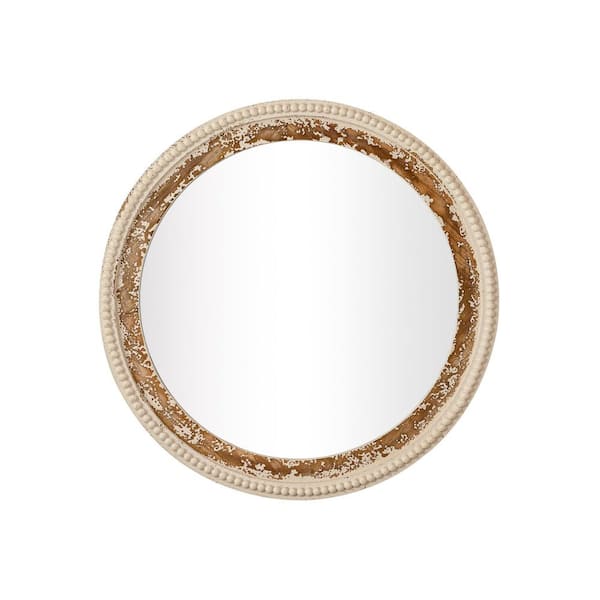 Elevatehome 27 in. W x 27 in. H Round Beaded Framed Floating Wall Bathroom Vanity Mirror in Antique White