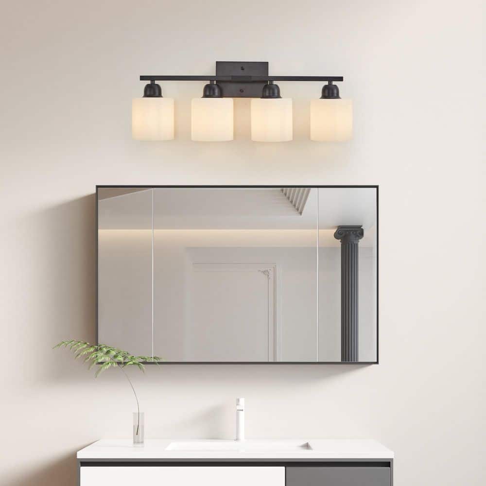 25 in. 4-Light Black Modern Vanity Light Over Mirror, Wall Sconces with Milky White Frosted Glass Shades price history on PriceWatchPro
