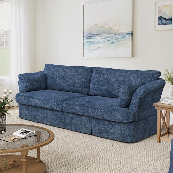 98.4 in. W Rectangle Couch Flared Arms Chenille Upholstered 2-Seater Sofa in Dark Blue with Wooden Frame for 3 People