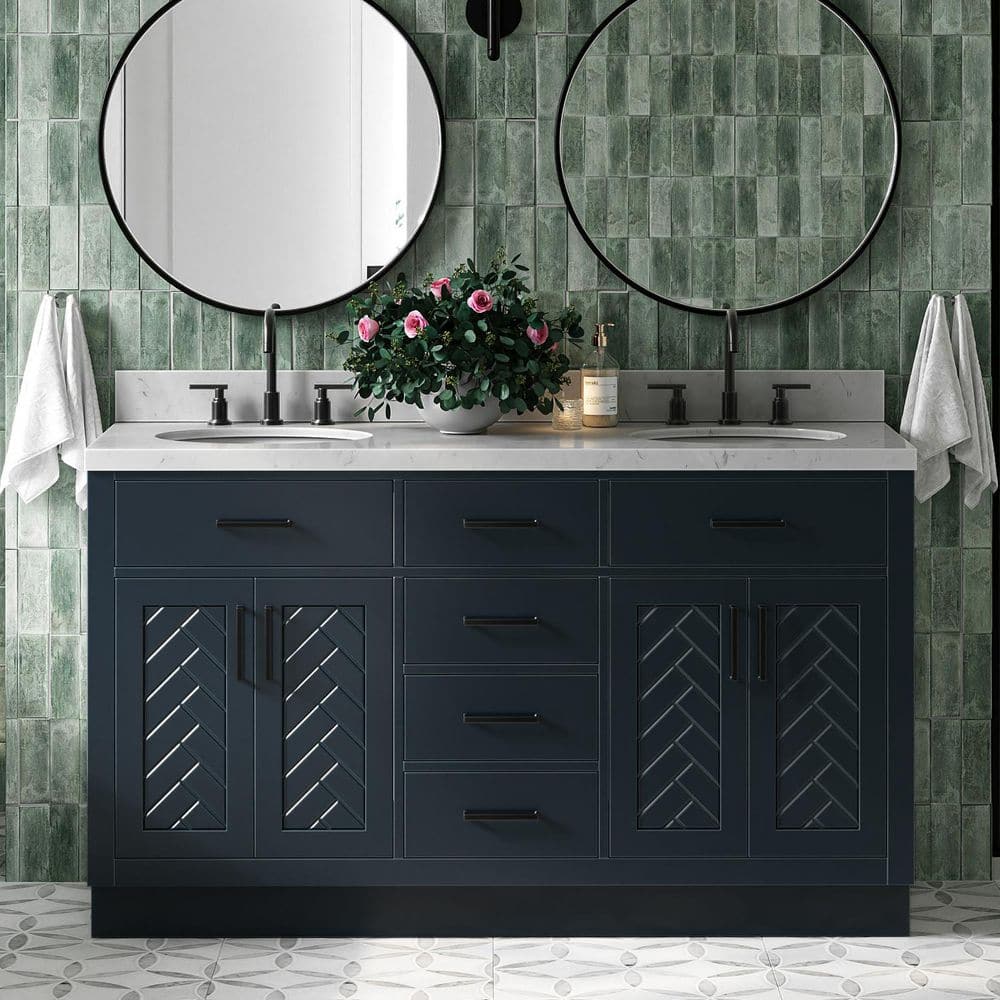 Herringbone 60 in. Double Sink Freestanding Bath Vanity in Midnight Blue with and Carrara Quartz Top price history on PriceWatchPro