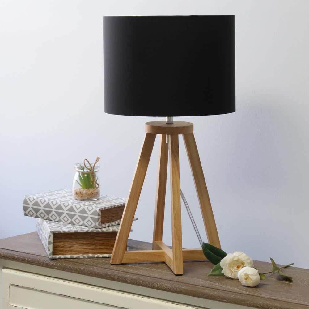 Natural Wood Tripod Nightstand Lamp with Black Barrel Shade
