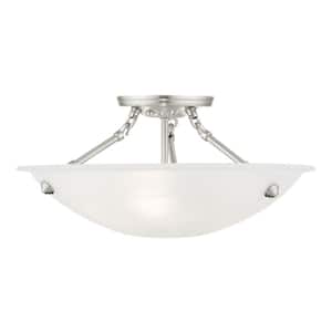 Oasis 16 in. 3-Light Brushed Nickel Semi Flush Mount with White Alabaster Glass