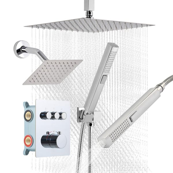 Shower Faucet Set, 12 in. Thermostatic Ceiling Mount Rainfall Shower System with 6 in. Wall Mount Head