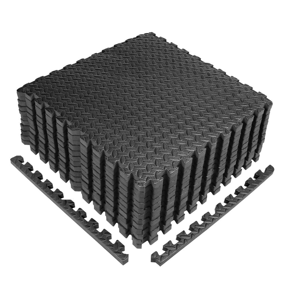 Cap Puzzle Exercise Mat Black 24 in. x 24 in. x 0.5 in. Eva Foam Interlocking Tiles with Border (48 Sq. ft.)