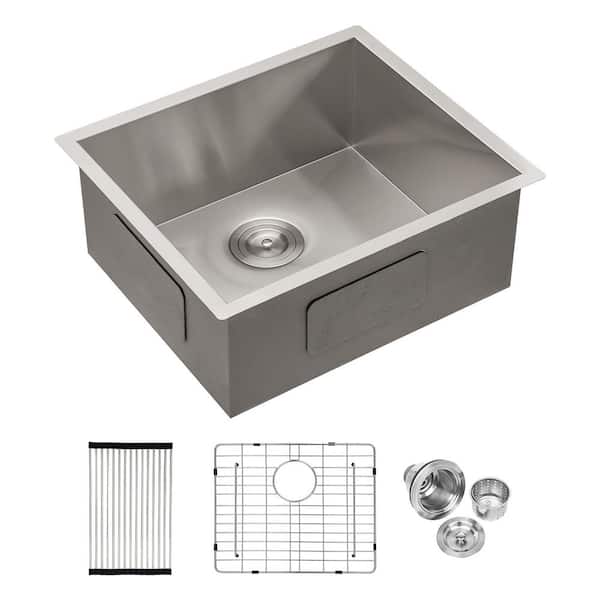 23 in. Undermount Single Bowl 16 Gauge Brushed Nickel Stainless Steel Kitchen Sink with Bottom Grids