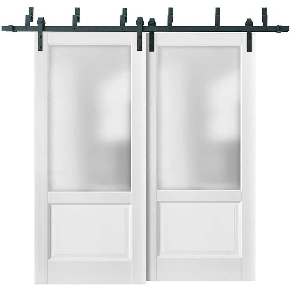 36 in. x 80 in. 2 Panel Frosted Glass Black Matte Solid Wood Sliding Barn Door with Hardware Kit price history on PriceWatchPro