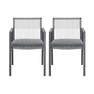 2-Piece Black Aluminum Outdoor Dining Chair with Gray Cushion, Armchair and Rope Weaving Backrest for Patio, Balcony