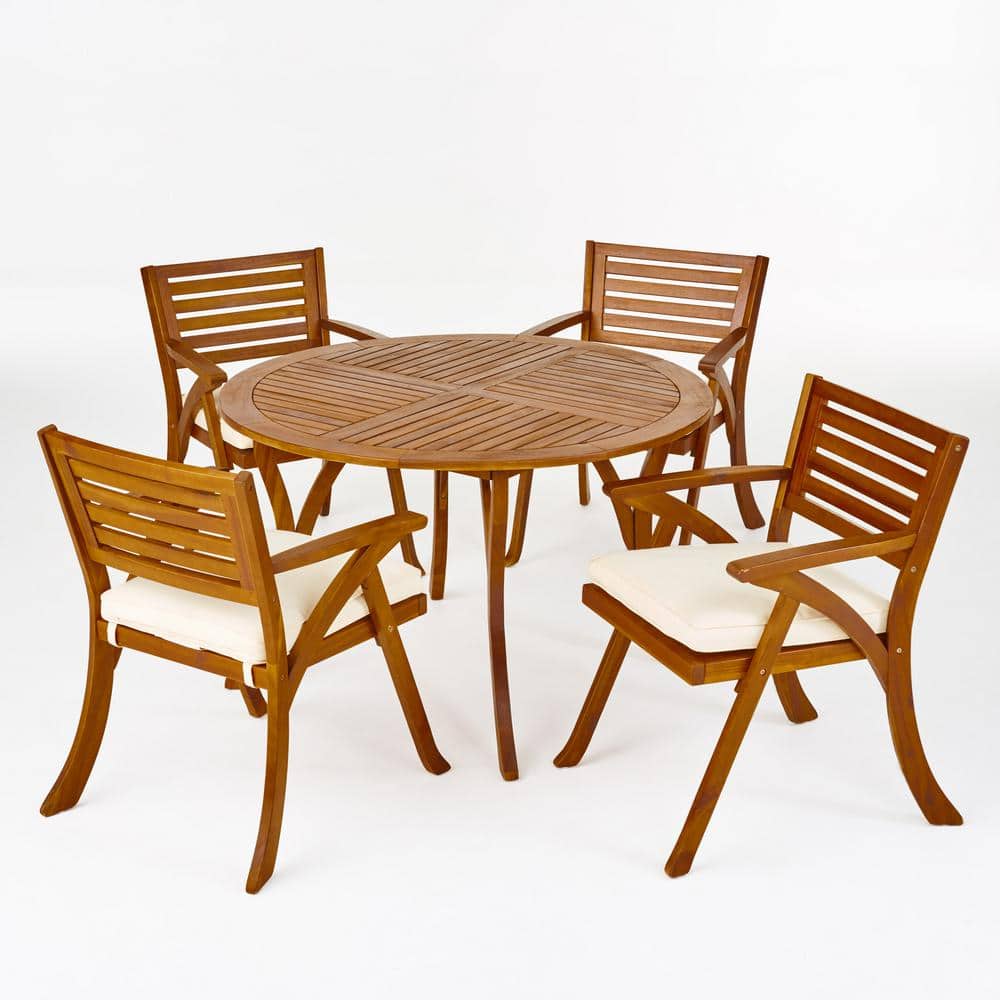 Teak Brown Round Patio Dining Set with Cream Cushions, Seats 4