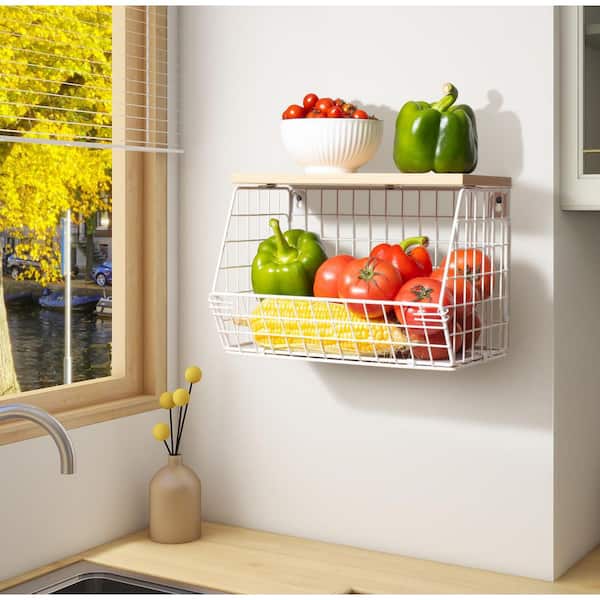 1 Piece Stackable Wall-Mounted Metal Kitchen Storage Basket Set with Wooden Lid & Banana Hooks for Kitchen Counter