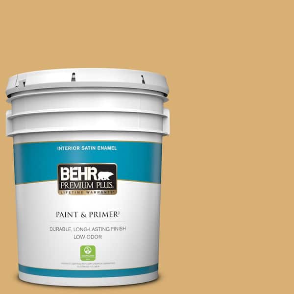 BEHR PREMIUM PLUS 5 gal. Home Decorators Collection #HDC-AC-08 Mustard Field Satin Enamel Low Odor Interior Paint & Primer