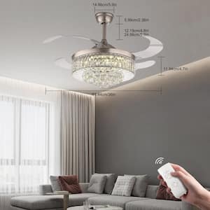 36 in. Integrated LED Indoor Silver Modern Invisible Retractable Crystal Ceiling Fan with Light and Remote