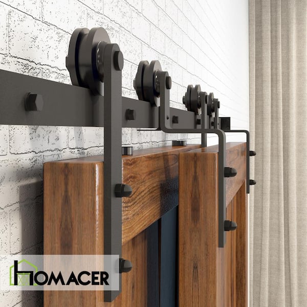 HOMACER 5 ft./60 in. Black Rustic Single Track Bypass Sliding Barn Door Hardware Kit Straight Design Roller for Double Doors ZT5TGH060C - The Home Depot