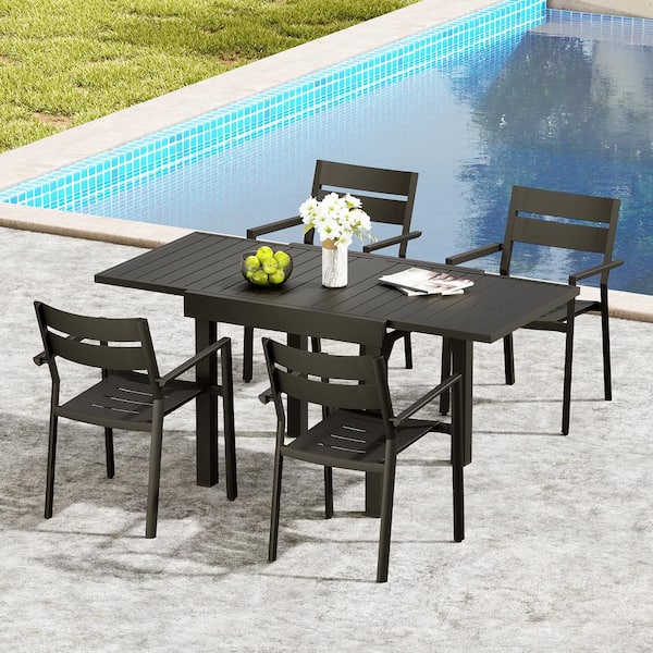 Black 5-Piece Aluminum Outdoor Dining Set with 63 in. Extension and Armchair