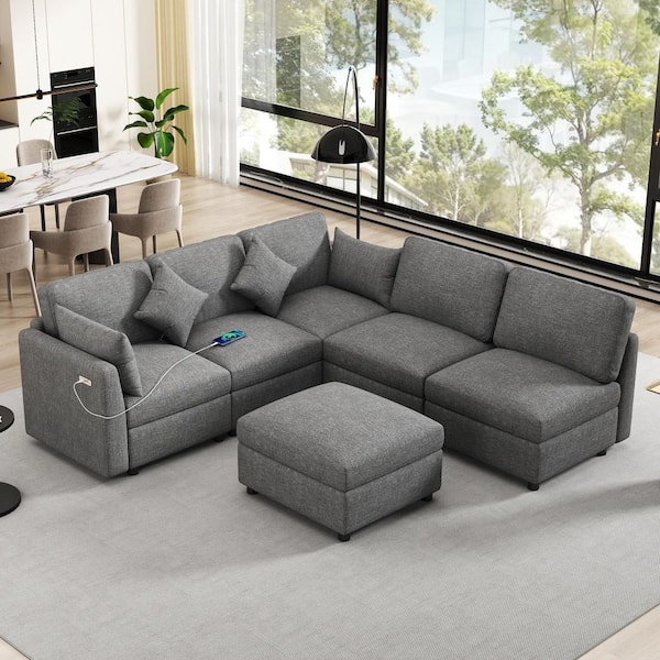 86.6 in. Square Arm Chenille Sofa in Grey with a Movable Ottoman and Two USB Ports for Living Room