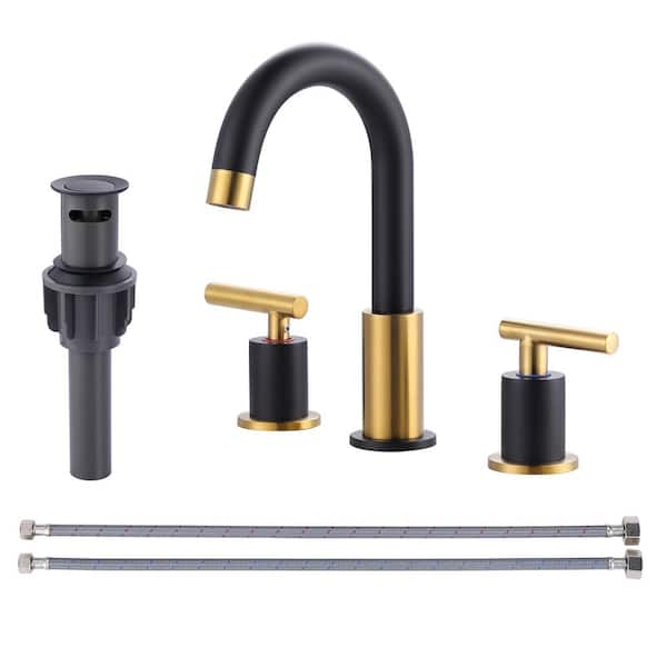 IVIGA 8 in. Widespread Double Handle Bathroom Faucet with 2-Aerators, Pop Up Drain and Supply Lines in Black and Gold
