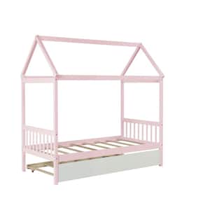 Pink Wooden Twin Size Bed Frame with Trundle, House Bed Frame with Roof, Canopy Bed Daybed for Children and Teens