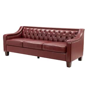 Blaz 82.28 in. Wide Slope Arms Tufted Genuine Leather 3-Seat Rectangle Burgundy Sofa in Red