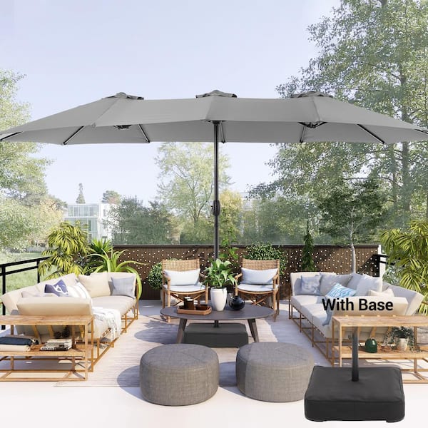 Sonkuki 15 ft. x 9 ft.Outdoor Double-Sided Umbrella Patio Market Umbrella with Crank and Base in Gray