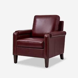 Leander Burgundy Genuine Leather Armchair with Removable Cushionand Nailhead Trims