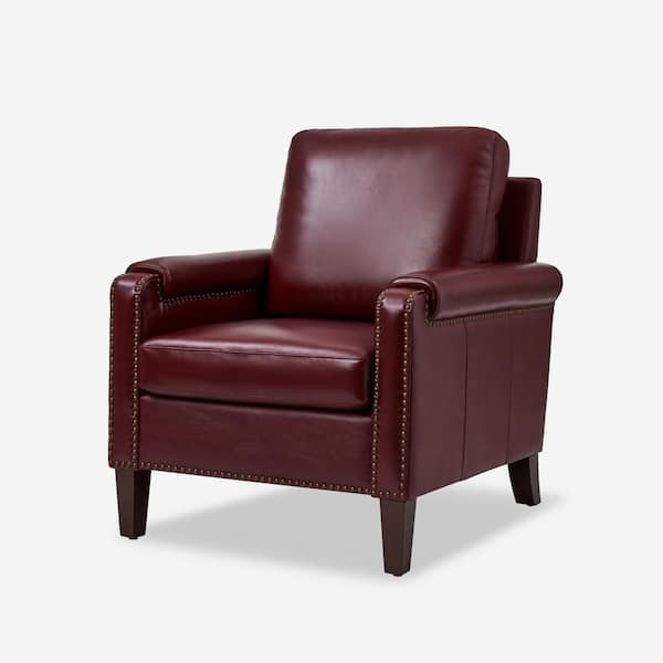 JAYDEN CREATION Leander Burgundy Genuine Leather Armchair with Removable Cushionand Nailhead Trims