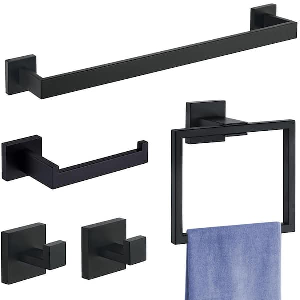 5-Piece Wall Mounted Bath Hardware Set Towel Bar Towel Ring Towel Hook Set Include Mounting Hardware in Matte Black