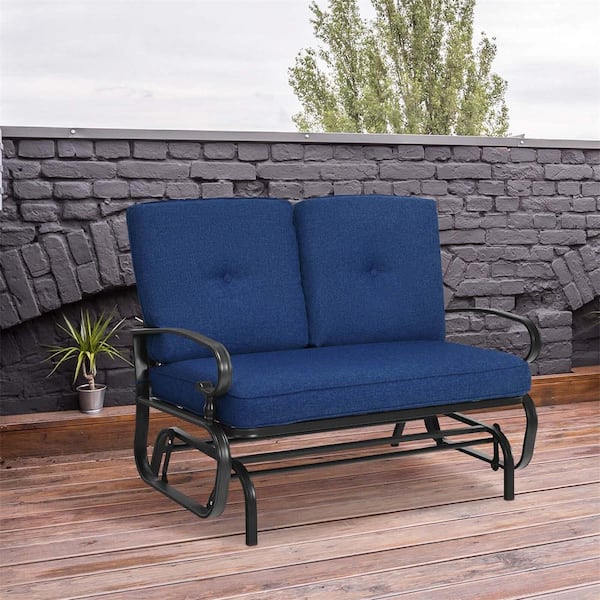 2-Person Metal Outdoor Glider with Navy Cushion