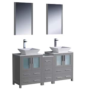 Torino 60 in. Double Vanity in Gray with Glass Stone Vanity Tops in White with White Vessel Sink Middle Cabinet, Mirrors