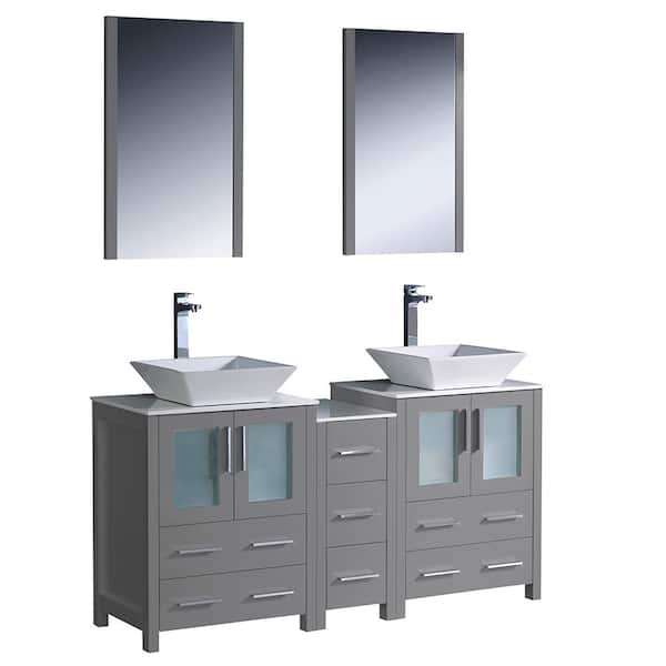 Fresca Torino 60 in. Double Vanity in Gray with Glass Stone Vanity Tops in White with White Vessel Sink Middle Cabinet, Mirrors