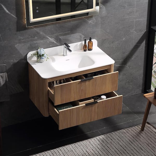 Wenlorin 36 in. Single Sink Floating Oak Bath Vanity with White Acrylic Top Pre-Assembled