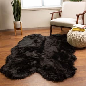 Quatro 4 Pelt Design Black Soft Sheepskin Area Rug Faux Fur 