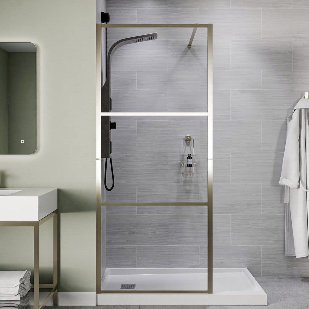 34 in. x 78 in. Fixed Framed Shower Door in Brushed Nickel with Tsunami Gua