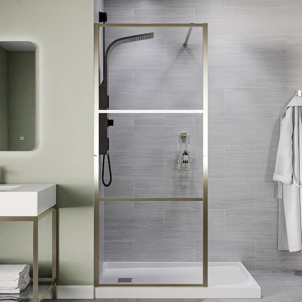 ANZZI Himmel Series 34 in. x 78 in. Fixed Frameless Shower Door in Brushed Nickel with Tsunami Guard Tempered Clear Glass