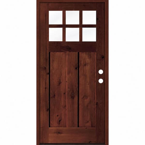 32 in. x 80 in. Craftsman Knotty Alder Left-Hand/Inswing 6 Lite Clear Glass Red Mahogany Stain Wood Prehung Front Door