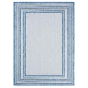 Patio Country Layla Blue/Ivory 8 ft. x 10 ft. Modern Border Indoor/Outdoor Area Rug