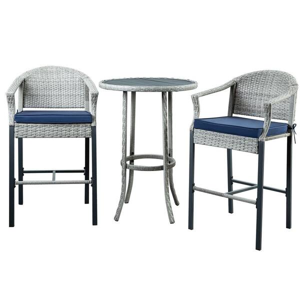 Zeus & Ruta 3-Piece Gray Iron PE Wicker Patio Outdoor Serving Bar Set with Blue Cushions for Poolside, Porch, Deck, Backyard