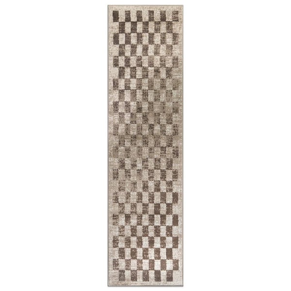 Contemporary Checkered Area Rug Beige 2 ft. 3 in. x 8 ft. Runner Rug