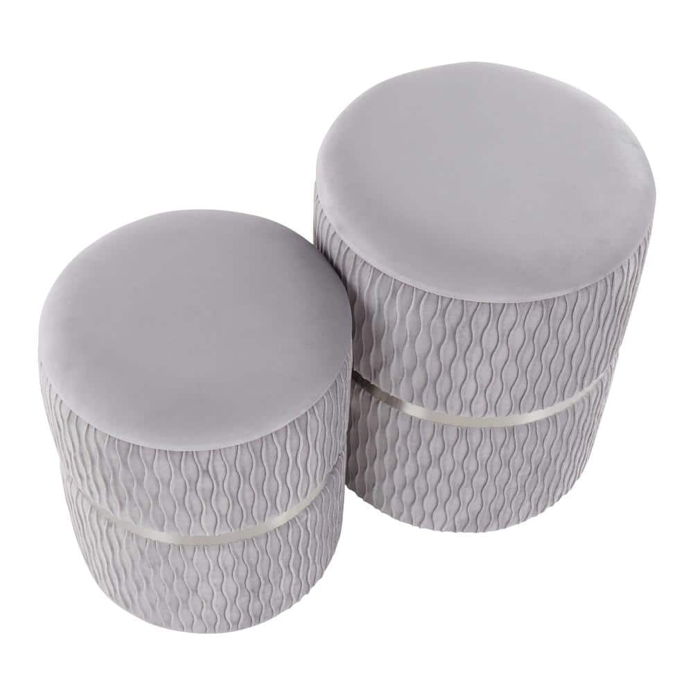 Silver Velvet and Chrome Round Nesting Ottoman Set