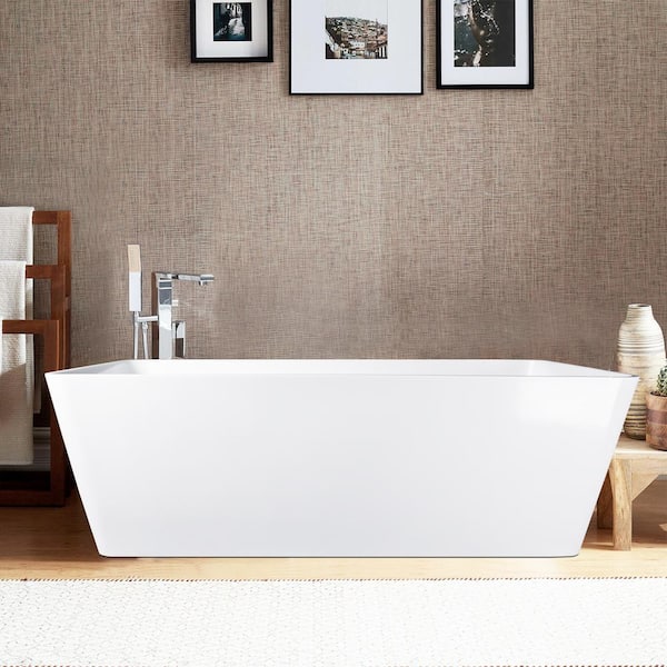 Vanity Art Aveyron 59 in. Solid Surface Resin Stone Flatbottom Freestanding Bathtub in Glossy White