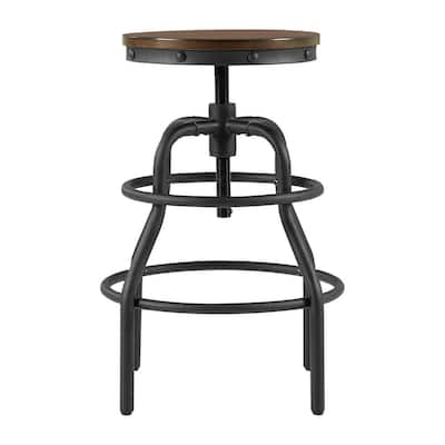 Walnut Color Set of 2 Industrial Bar Stool-Vintage Adjustable Round Wood Metal Swivel Bar Stool-Cast Iron-23-30 Inch Tall Counter Bar Height Farmhouse Kitchen Stools