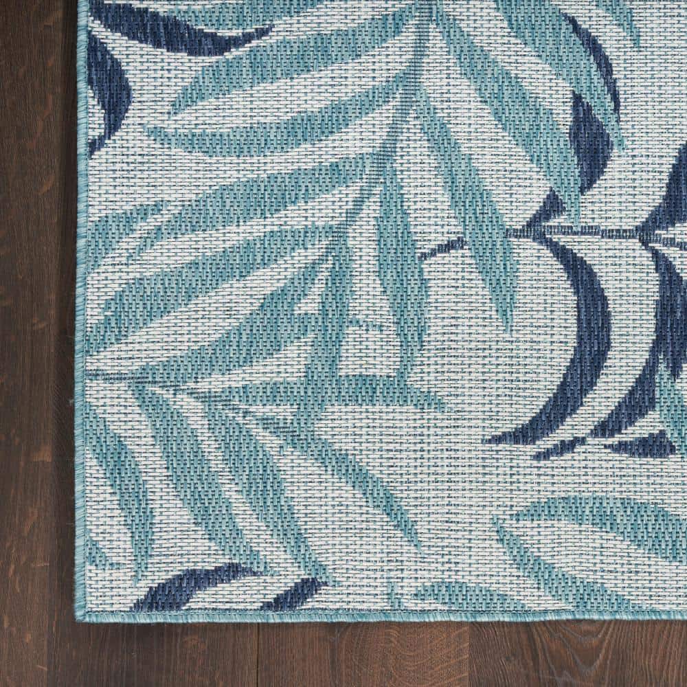 Blue and White Rectangular Synthetic Tropical Outdoor Rug 3' x 5'